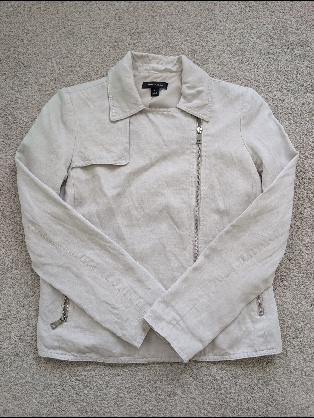 Ann Taylor Light Gray Asymmetrical Zip Jacket with Zip Pockets